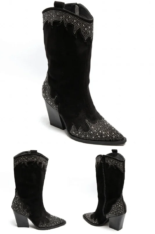 TIME-Limited Offer BLACK SUEDE RHINESTONE DETAIL COWGIRL WESTERN ANKLE CALF HIGH BOOTS