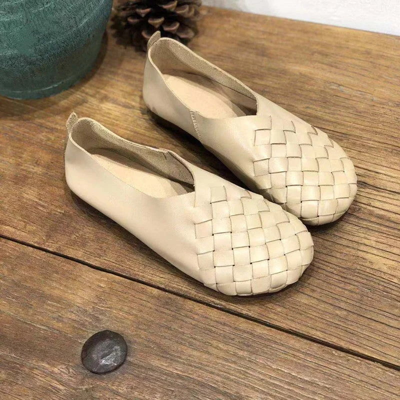 Value Pack Retro Woven Soft Leather Flats For Women Round Toe In Beige/Black/Green/Coffee