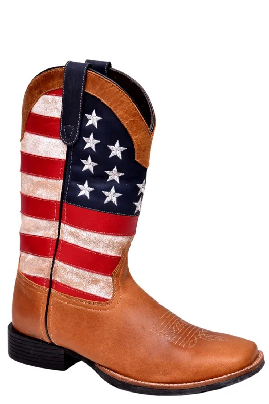Super Sale Roper Womens Tan Leather Patriotism Flag Cowboy Boots