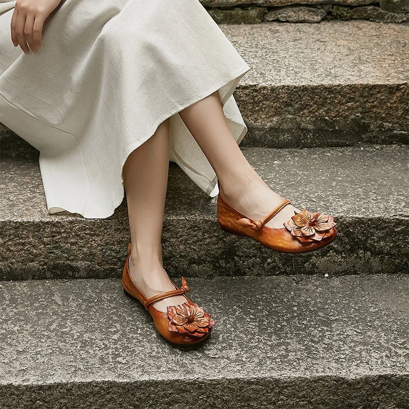 Year-End Sale Women's Handmade Flower Leather Flats  Slip Ons in Coffee/Brown/Green