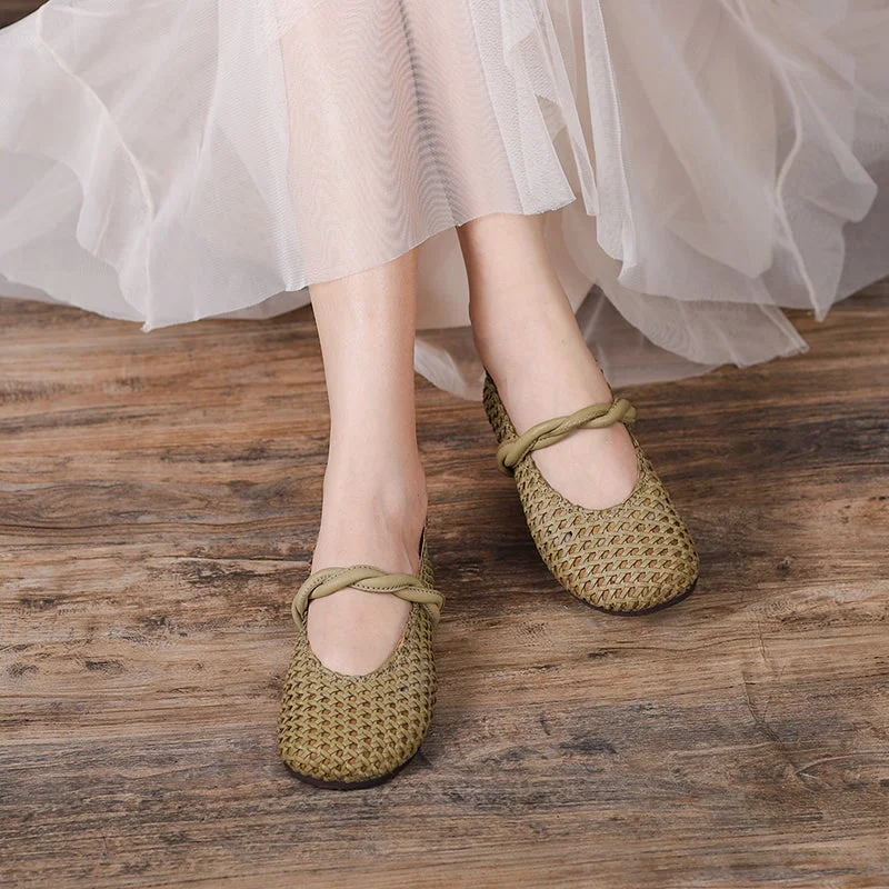 Final Clearance Woven Leather Mary Jane Flats in Khaki