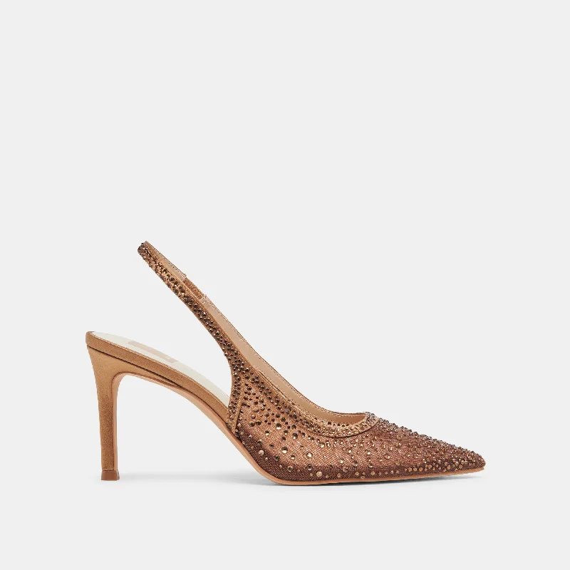 Steal Deal KAYE CRYSTAL HEELS MID BROWN MESH