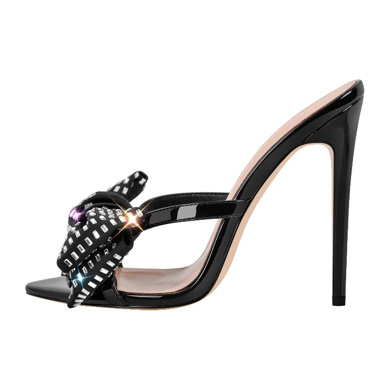 Price Buster Rhinestone Pointed Toe Bow Stiletto Sandals Mules