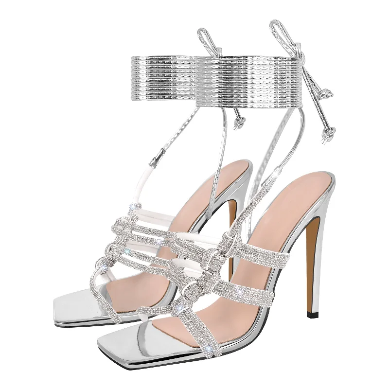Buy More, Save More Rhinestone Square Toe Stiletto Ankle Strap Sandals