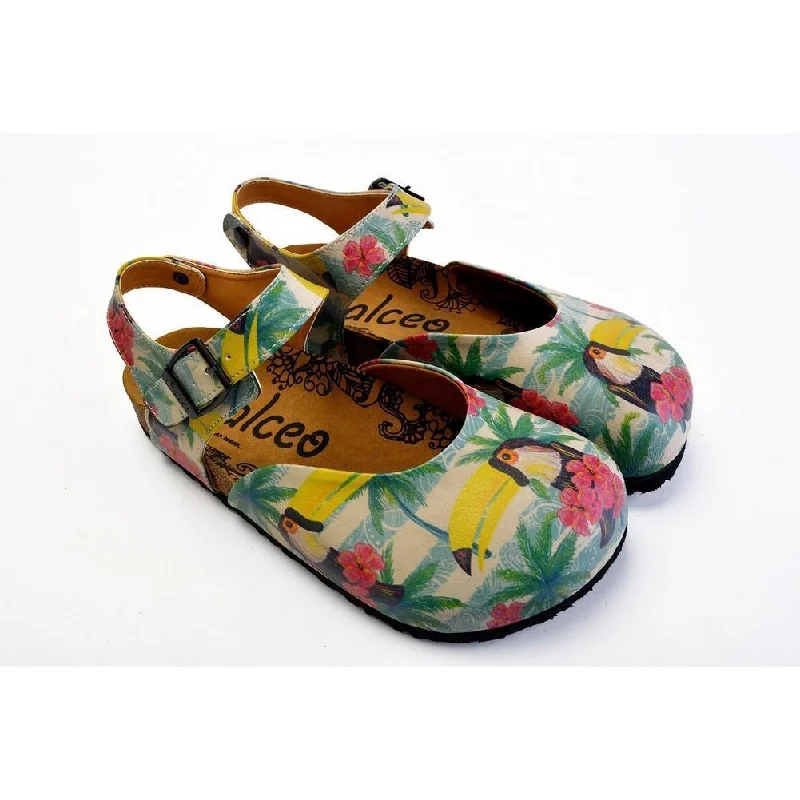 Weekend Discounts to Indulge In Pink, Blue, Beige Color and Pink Flowers, Yellow Toucan Patterned Clogs - CAL1608 Weekend Discounts to Indulge In Pink, Blue, Beige Color and Pink Flowers, Yellow Toucan Patterned Clogs - CAL1608