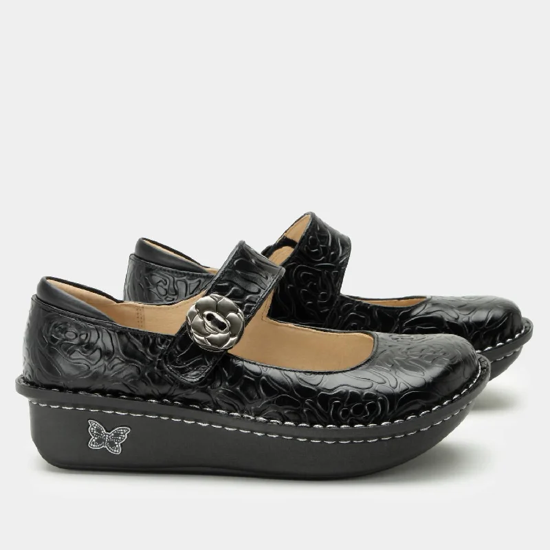 Big Deal Women's Paloma Mary Jane Leather Shoes - Medium Width In Black Embossed Rose